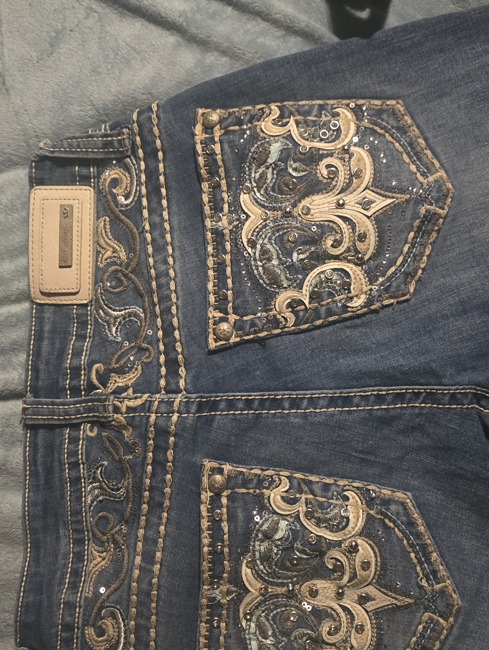 Sexy Couture Dark Blue Boot Cut Jeans with Tan Embroidery